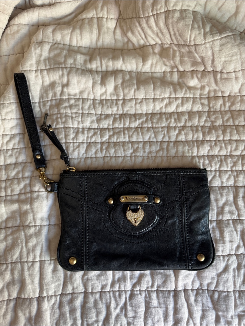 Juicy Couture Black Leather Heart Lock Wristlet
